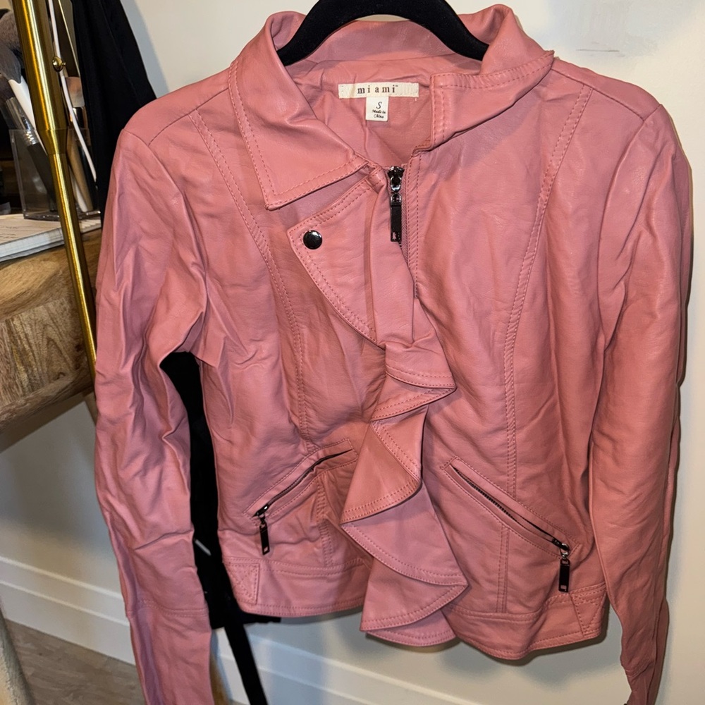 Miami Pink Leather Jacket with Ruffled Edges